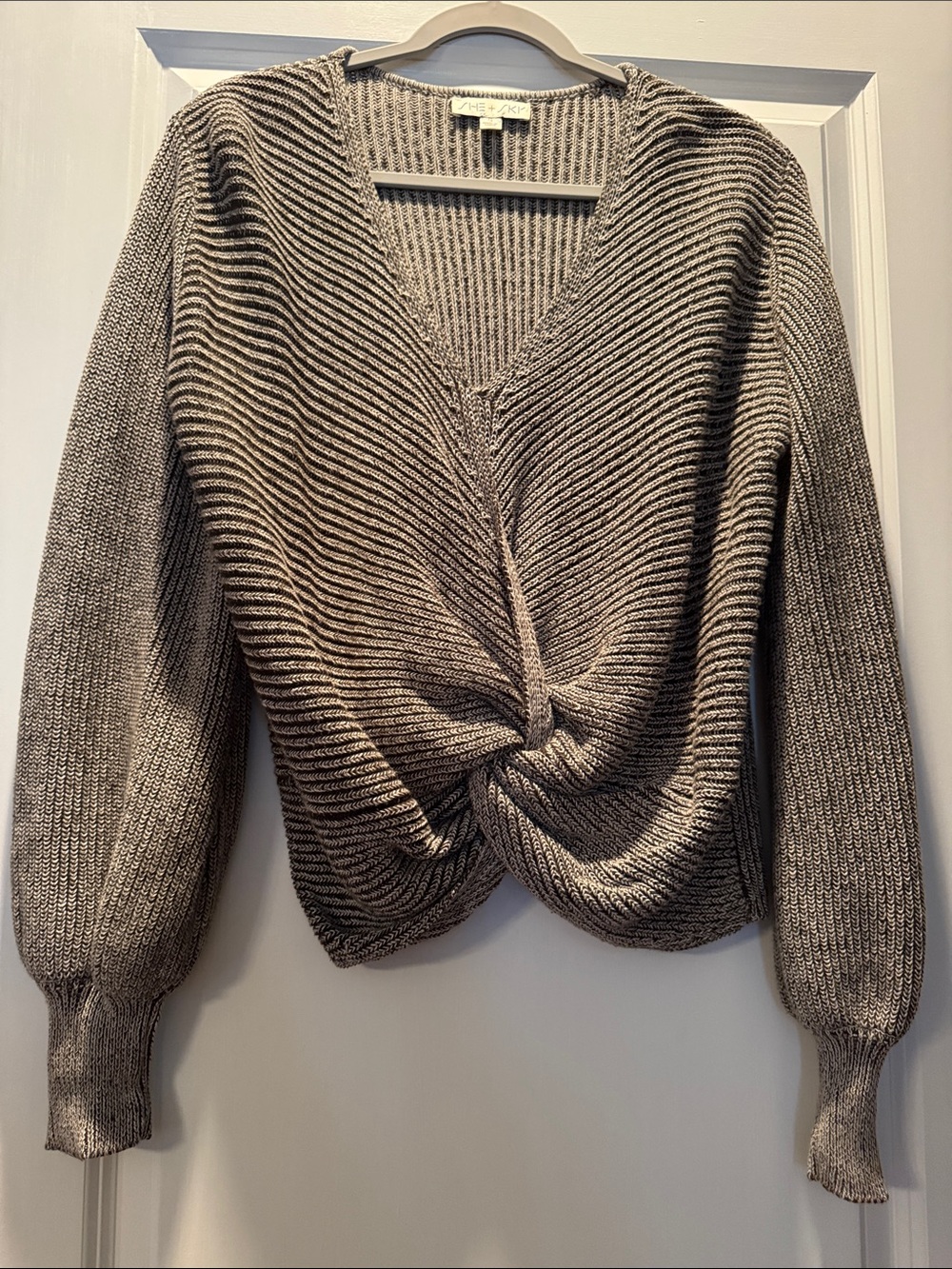 She + Sky Ribbed Twist-Front V-Neck Sweater in Taupe